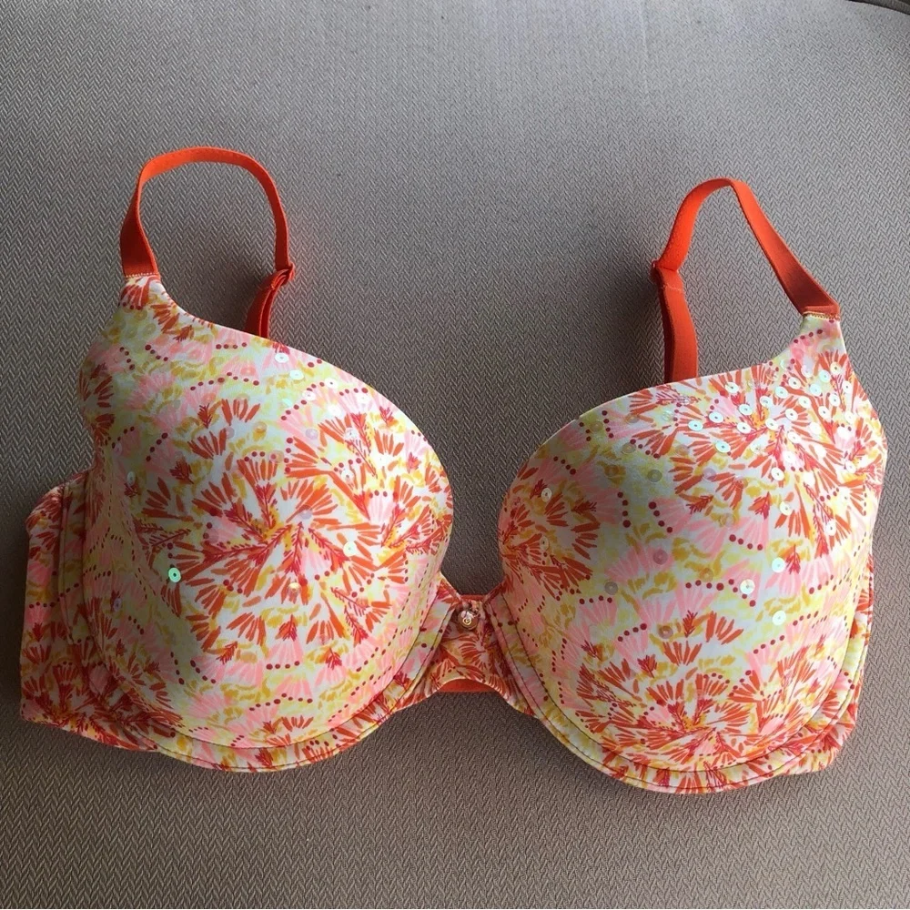 Victoria’s Secret Under Wire Lined Demi-bust Sequins‎ Orange Yellow Bra 34DD